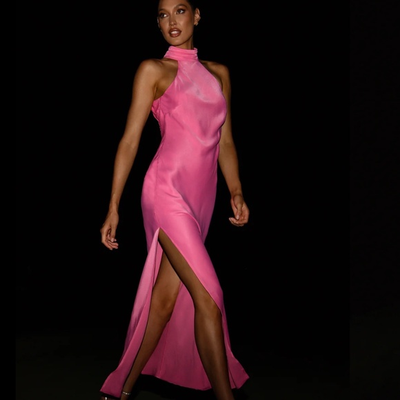 Meshki CLAIRE Satin Drape Back Maxi Pink Dress XL - Picture 2 of 3